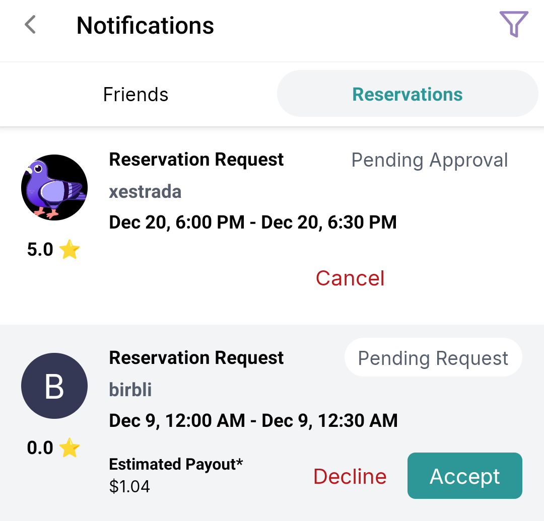 Reservation request list